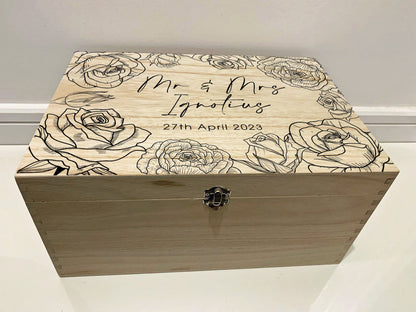 Large Personalised Engraved Wooden Wedding Keepsake Memory Box with Roses - Resplendent Aurora
