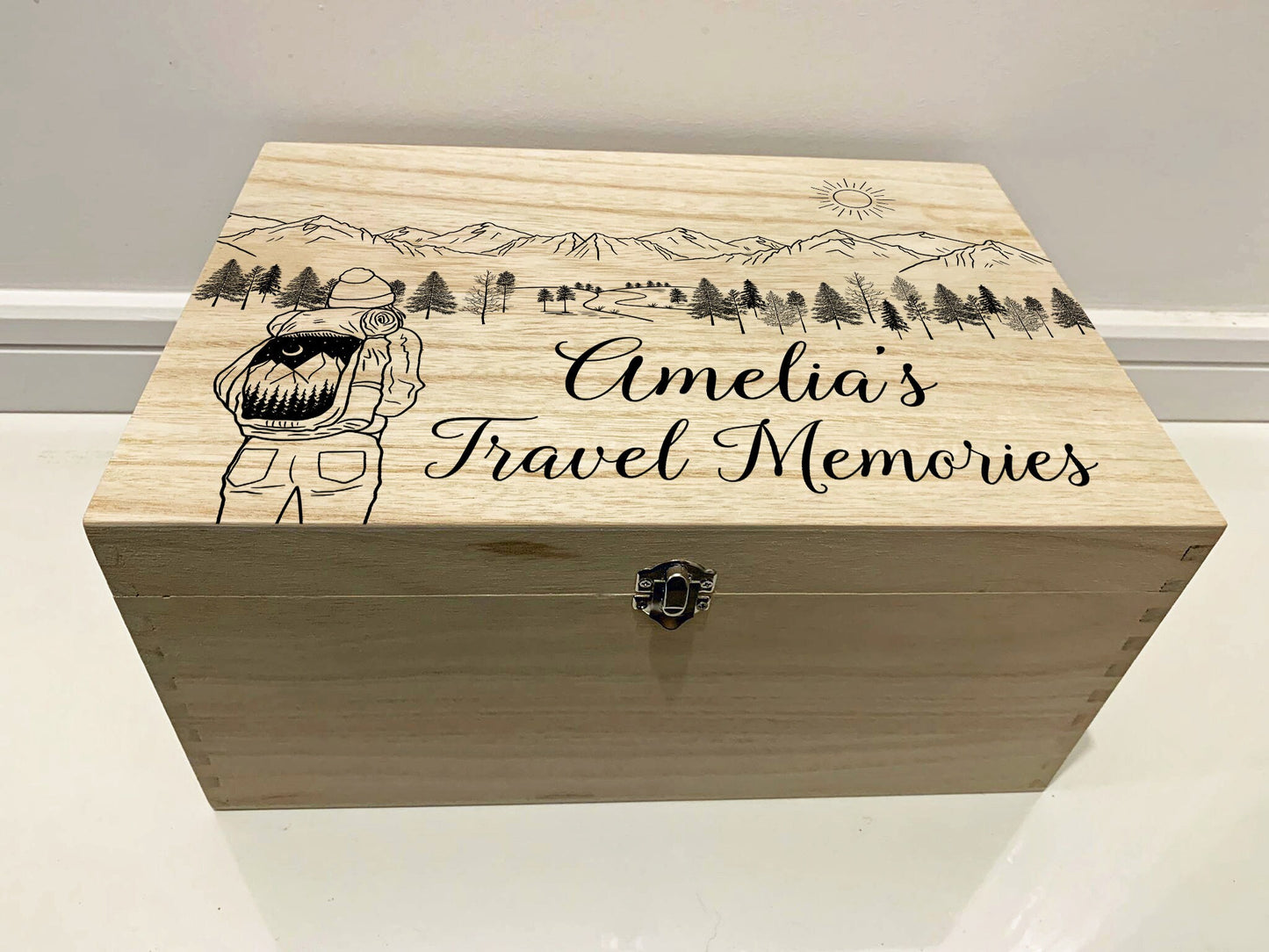 Resplendent Aurora | Personalised Memory Box with Mountains and Backpacker