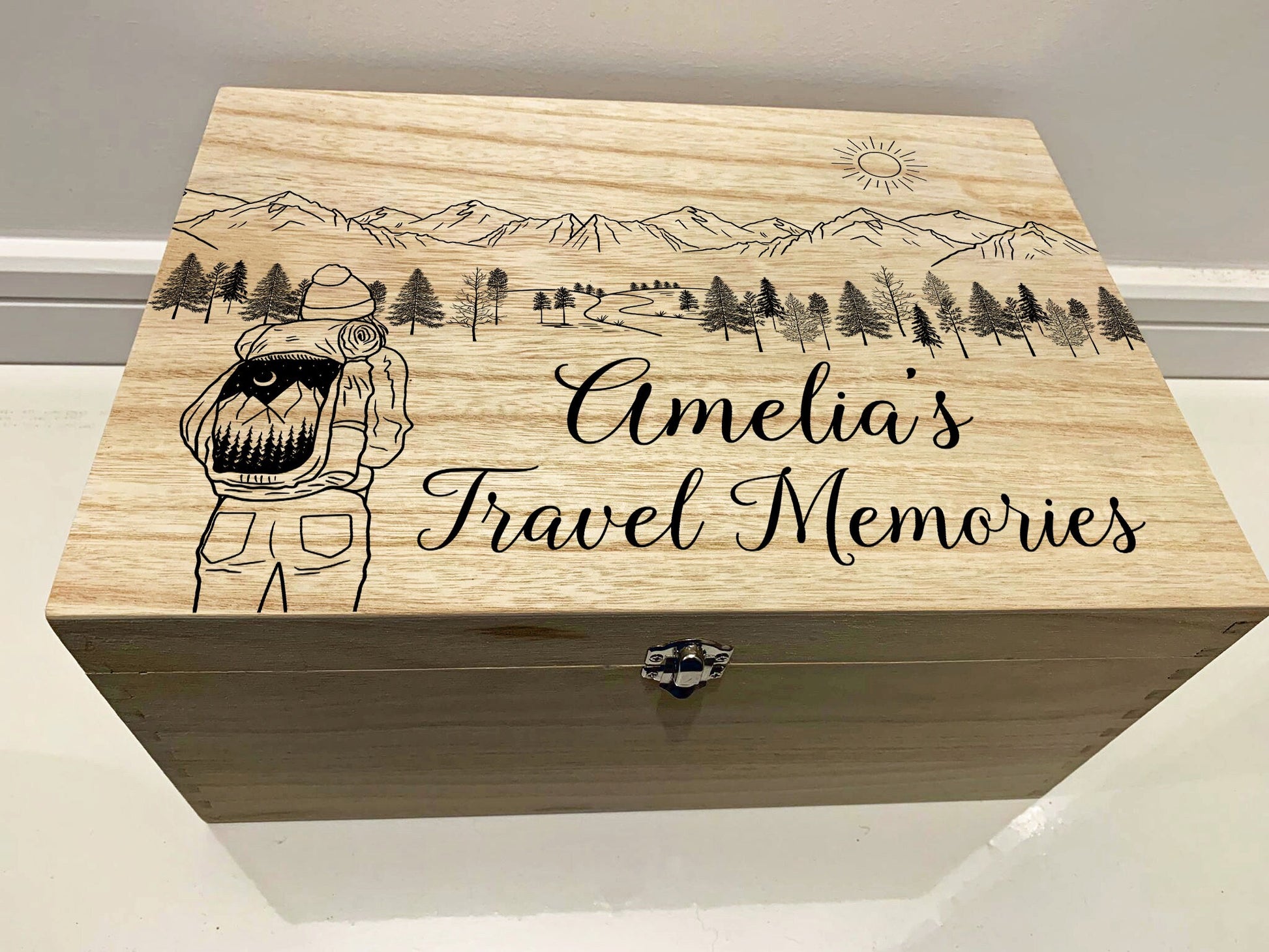 Resplendent Aurora | Personalised Memory Box with Mountains and Backpacker