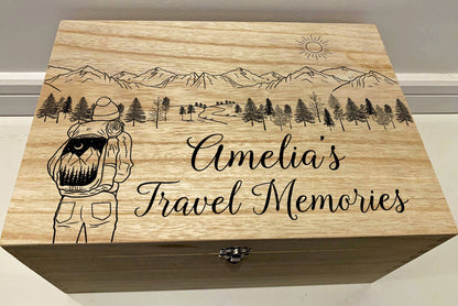 Resplendent Aurora | Personalised Memory Box with Mountains and Backpacker