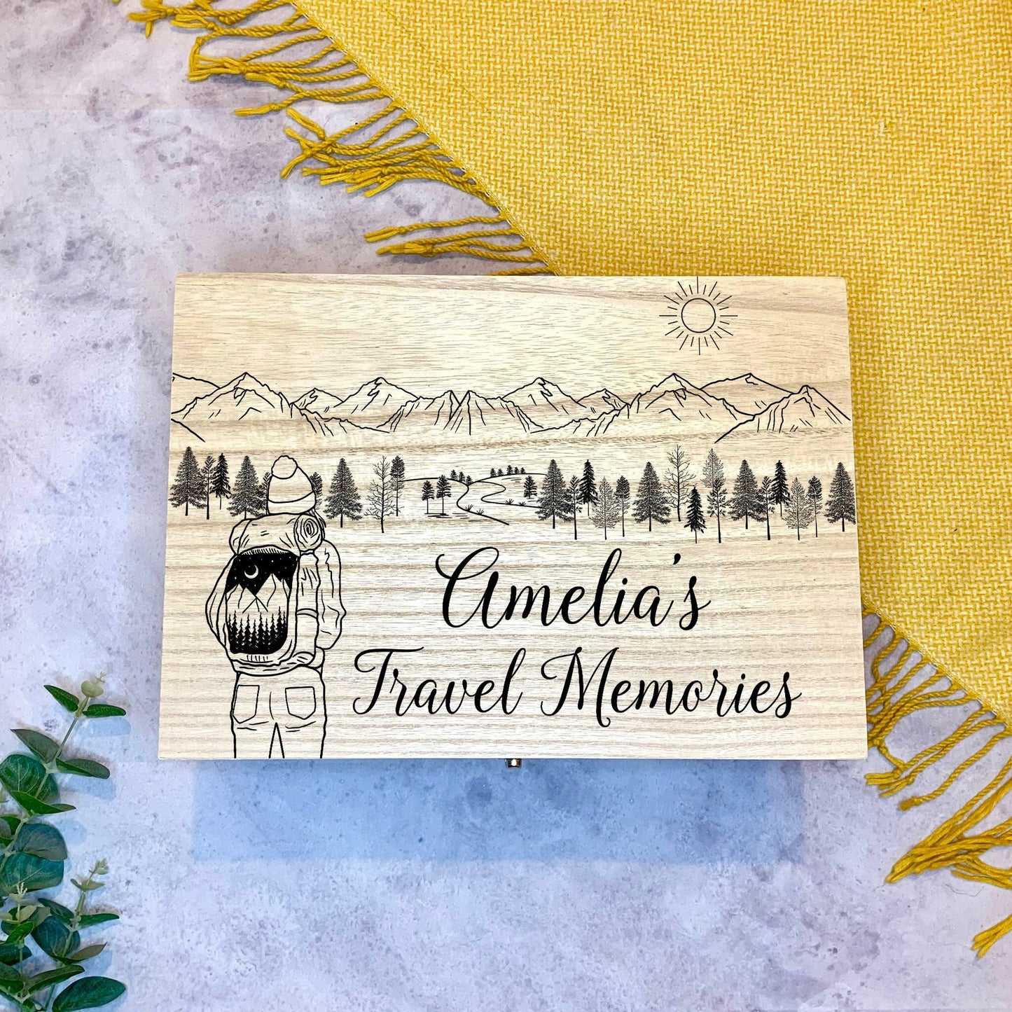 Resplendent Aurora | Personalised Memory Box with Mountains and Backpacker