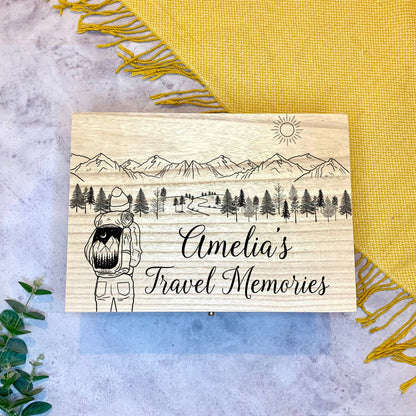 Resplendent Aurora | Personalised Memory Box with Mountains and Backpacker