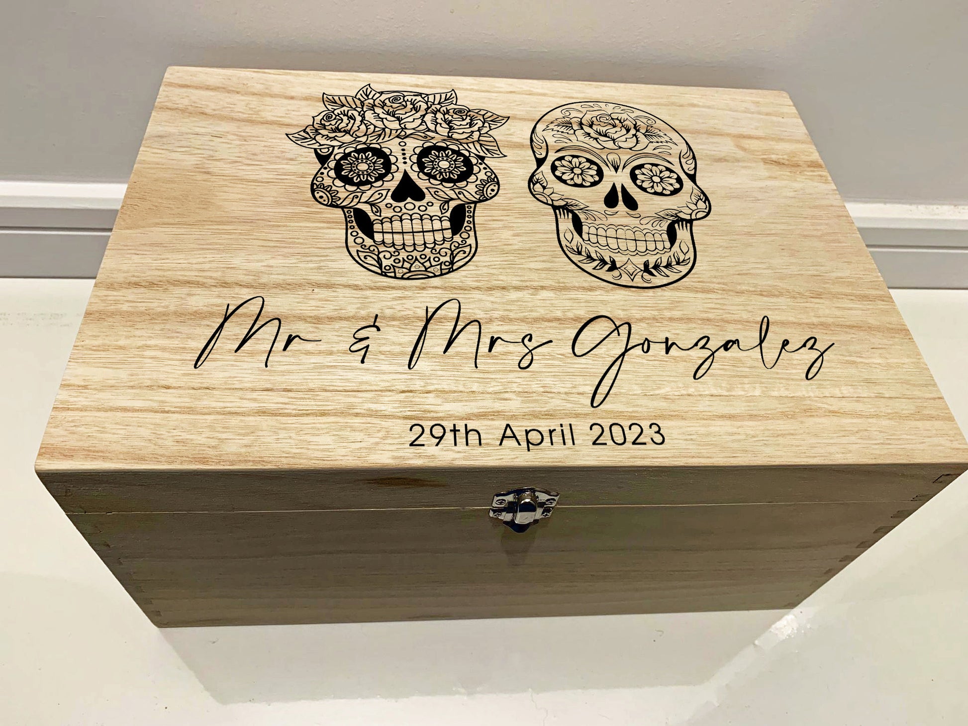 Resplendent Aurora | Personalised Wedding Keepsake Box - Dia De los Muertos skull