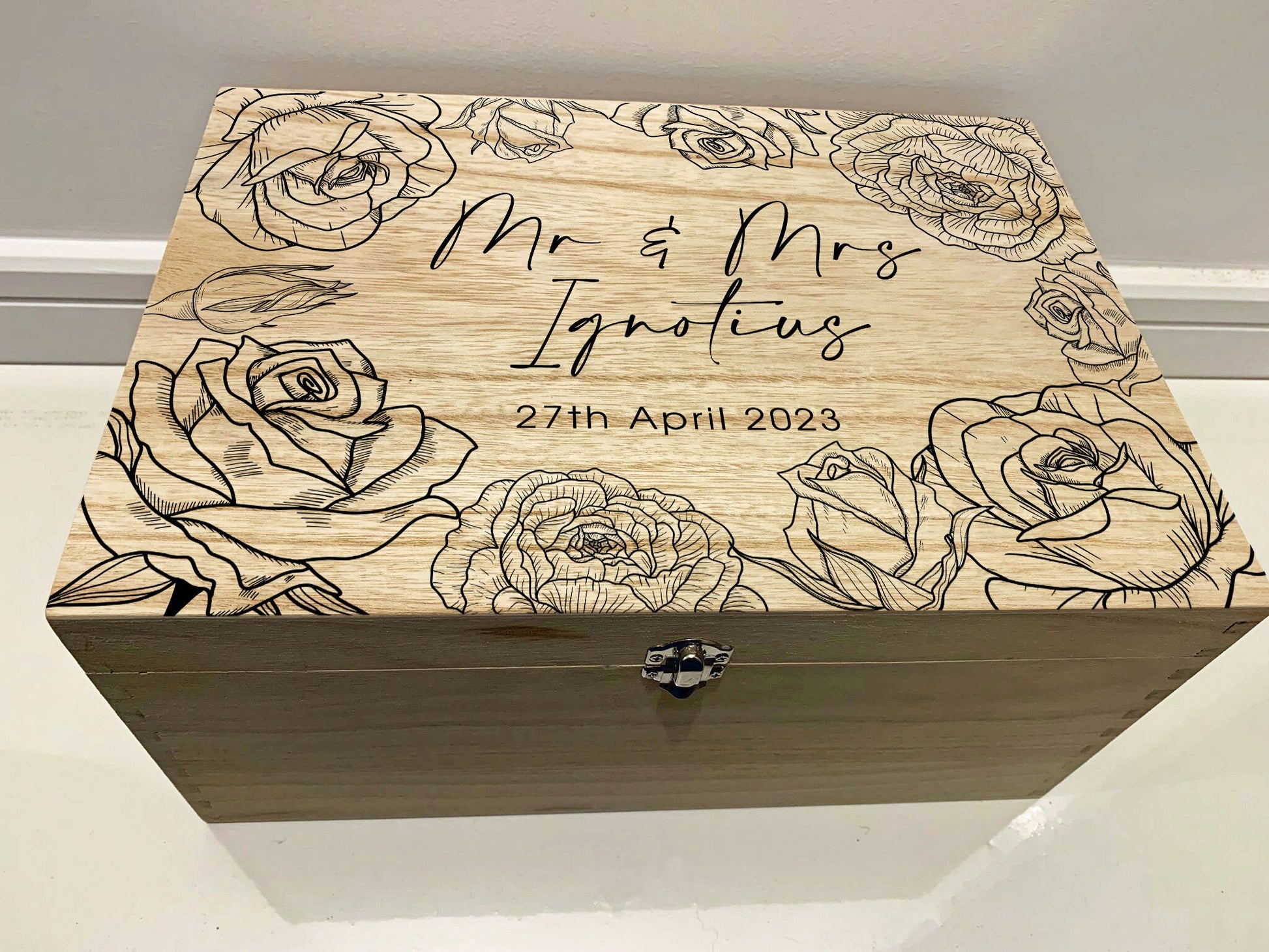 Large Personalised Engraved Wooden Wedding Keepsake Memory Box with Roses - Resplendent Aurora