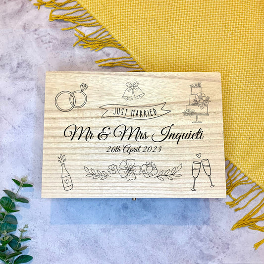 Large Personalised Engraved Wooden Wedding Keepsake Memory Box with doodles of champagne, cake and flowers - Resplendent Aurora