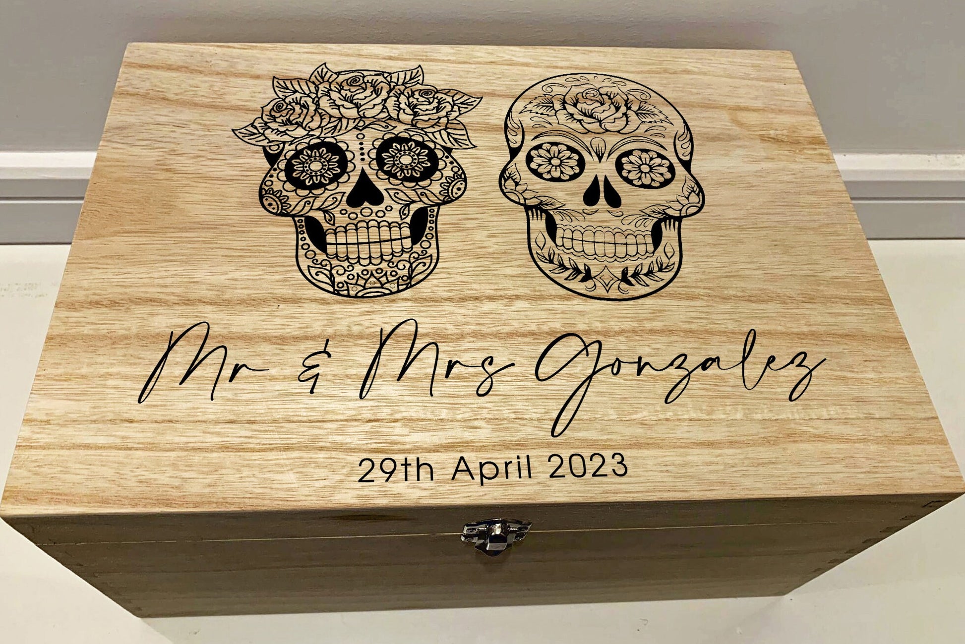 Resplendent Aurora | Personalised Wedding Keepsake Box - Dia De los Muertos skull