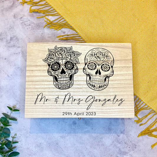 Large Personalised Engraved Wooden Wedding Keepsake Memory Box with Day of the Dead Sugar Skulls, Dia De los Muertos, Halloween - Resplendent Aurora