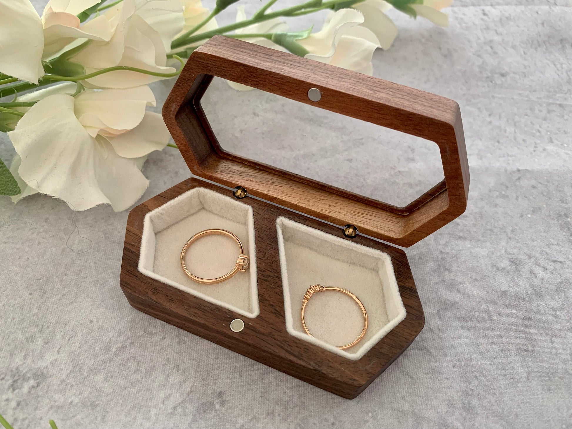Personalised Clear Hexagon Engraved Wooden Wedding Ring Box, Engagement Ring Box with Names, Always and Forever, Anniversary Gift - Resplendent Aurora