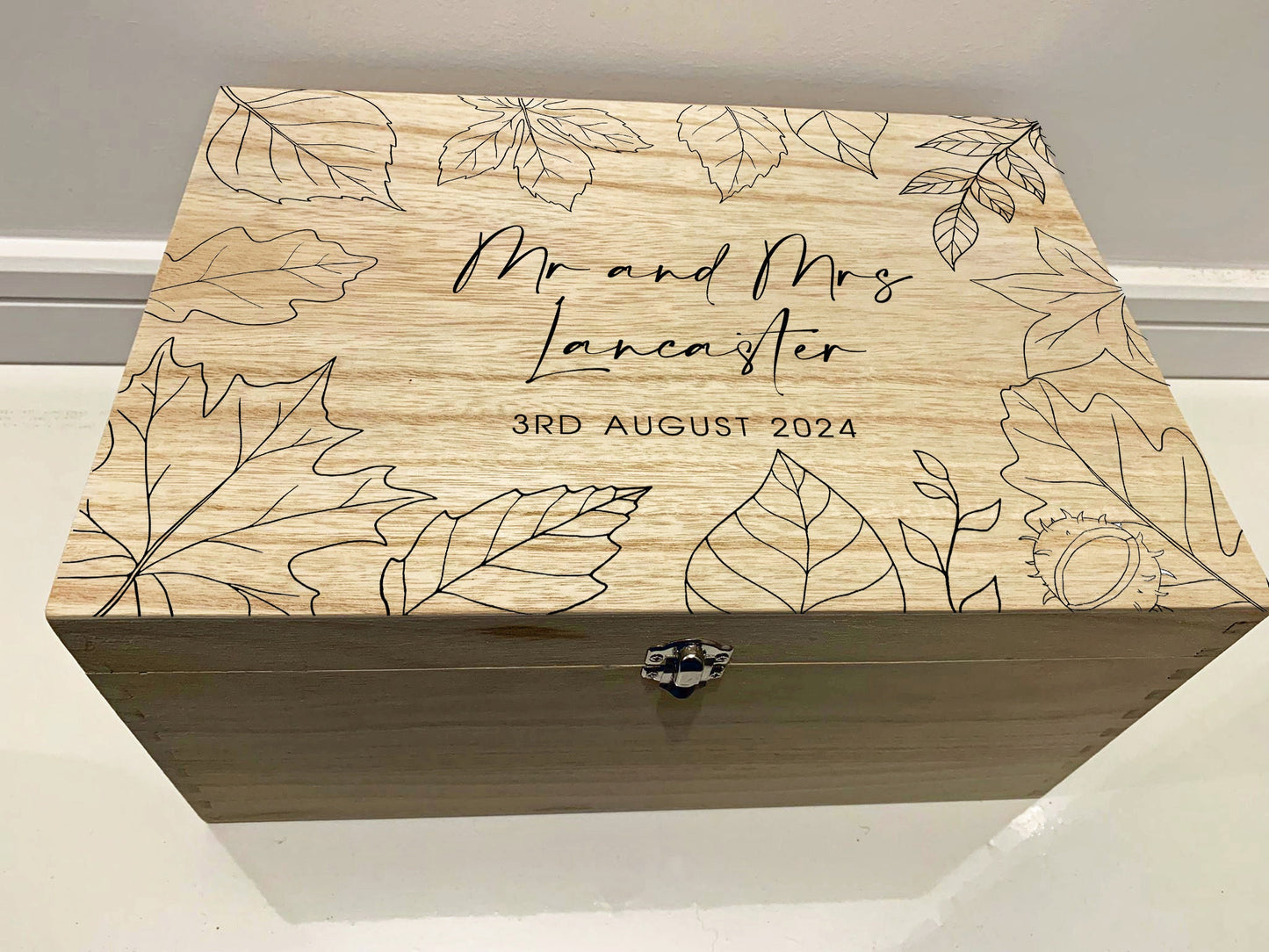 Large Personalised Engraved Wooden Wedding Keepsake Memory Box with Autumn Leaves, Fall Leaves - Resplendent Aurora
