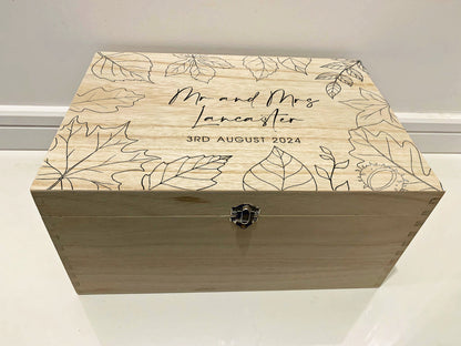 Large Personalised Engraved Wooden Wedding Keepsake Memory Box with Autumn Leaves, Fall Leaves - Resplendent Aurora