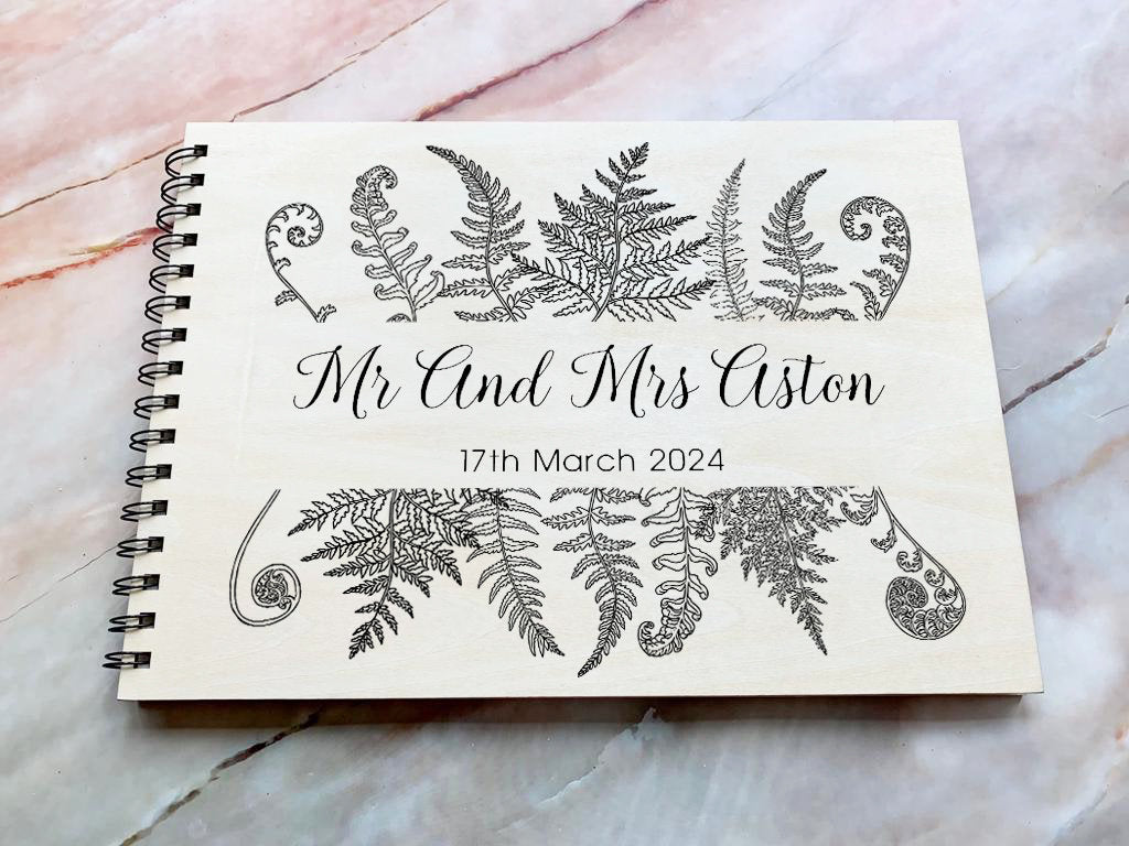 Personalised Engraved Wooden Wedding Guest Book with Ferns, Wedding Photo Book, Wedding Photo Album, Wedding Gift, - Resplendent Aurora