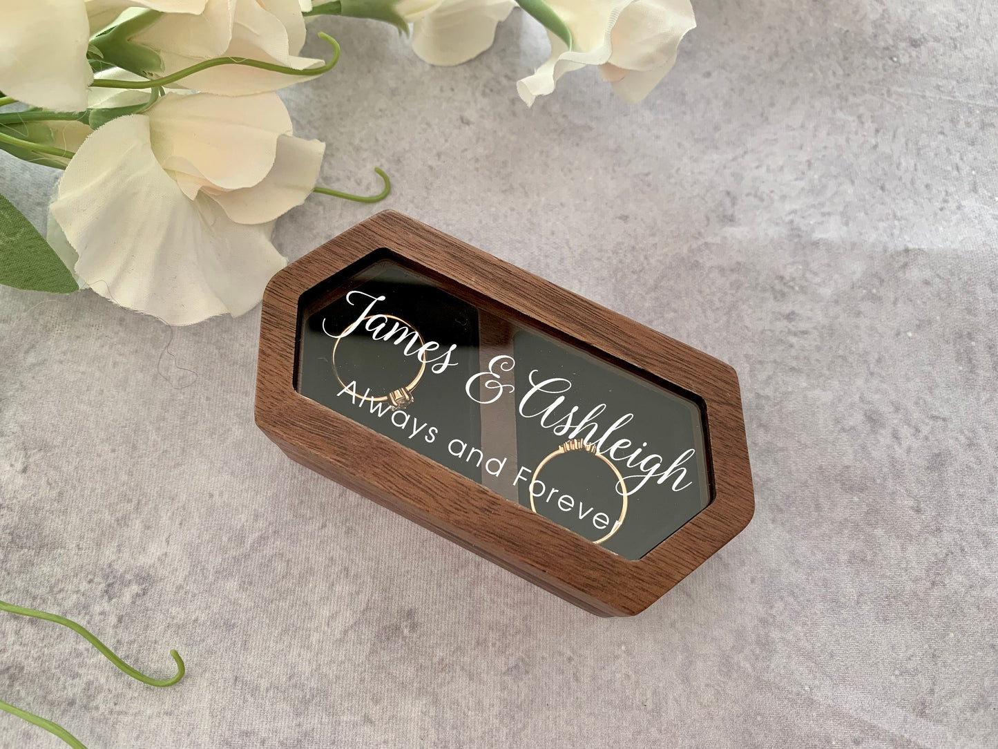 Personalised Clear Hexagon Engraved Wooden Wedding Ring Box, Engagement Ring Box with Names, Always and Forever, Anniversary Gift - Resplendent Aurora