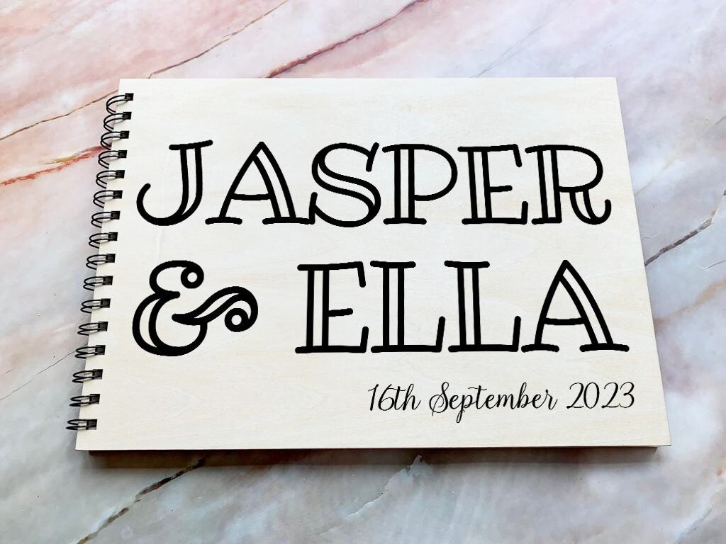 Personalised Engraved Wooden Wedding Guest Book with Bold Names, Wedding Photo Book, Wedding Photo Album, Wedding Gift, - Resplendent Aurora