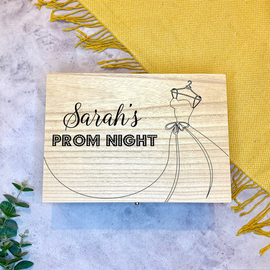 Large Personalised Engraved Wooden Keepsake Memory Box with Prom Dress, Prom Night, High School, School Leavers - Resplendent Aurora