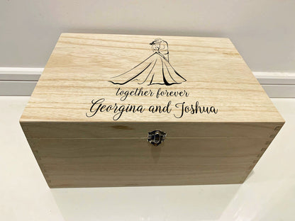 Large Personalised Engraved Wooden Wedding Keepsake Memory Box with Wedding Couple, Bride and Groom, Happy Couple - Resplendent Aurora