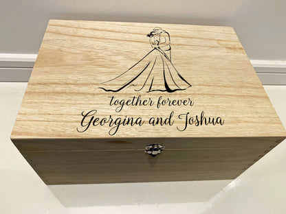 Large Personalised Engraved Wooden Wedding Keepsake Memory Box with Wedding Couple, Bride and Groom, Happy Couple - Resplendent Aurora