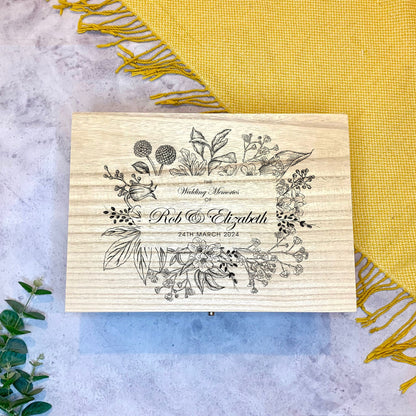 Large Personalised Engraved Wooden Wedding Keepsake Memory Box with Botanical Flower Frame - Resplendent Aurora