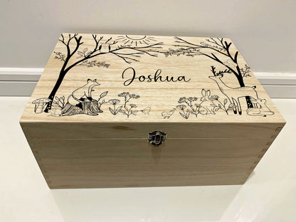 Large Personalised Engraved Wooden Baby Keepsake Memory Box with Woodland and Woodland Animals, Deer, Fox, Rabbit, Squirrel, Owl - Resplendent Aurora