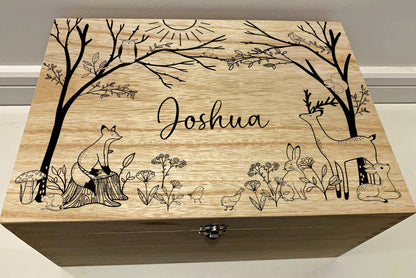 Large Personalised Engraved Wooden Baby Keepsake Memory Box with Woodland and Woodland Animals, Deer, Fox, Rabbit, Squirrel, Owl - Resplendent Aurora