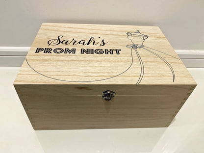 Large Personalised Engraved Wooden Keepsake Memory Box with Prom Dress, Prom Night, High School, School Leavers - Resplendent Aurora