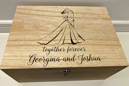 Large Personalised Engraved Wooden Wedding Keepsake Memory Box with Wedding Couple, Bride and Groom, Happy Couple - Resplendent Aurora