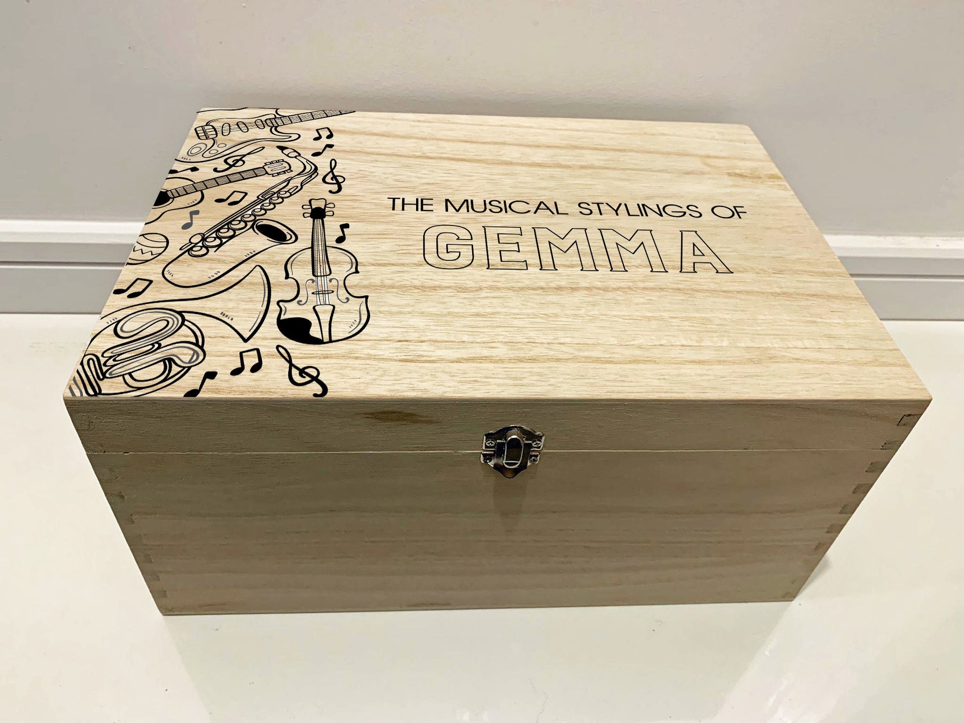 Large Personalised Engraved Wooden Storage Box with Musical Instruments - Resplendent Aurora