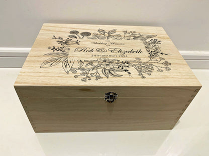 Large Personalised Engraved Wooden Wedding Keepsake Memory Box with Botanical Flower Frame - Resplendent Aurora