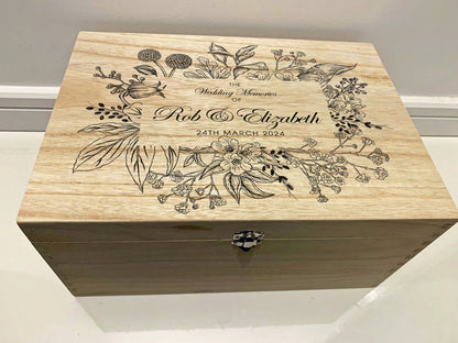 Large Personalised Engraved Wooden Wedding Keepsake Memory Box with Botanical Flower Frame - Resplendent Aurora