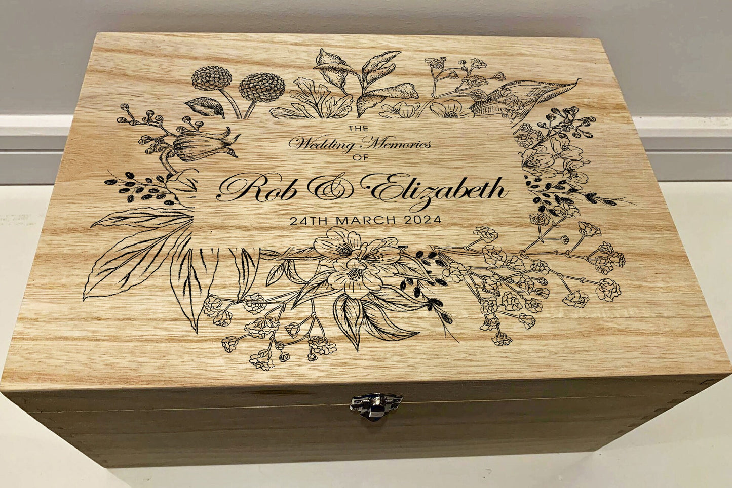 Large Personalised Engraved Wooden Wedding Keepsake Memory Box with Botanical Flower Frame - Resplendent Aurora