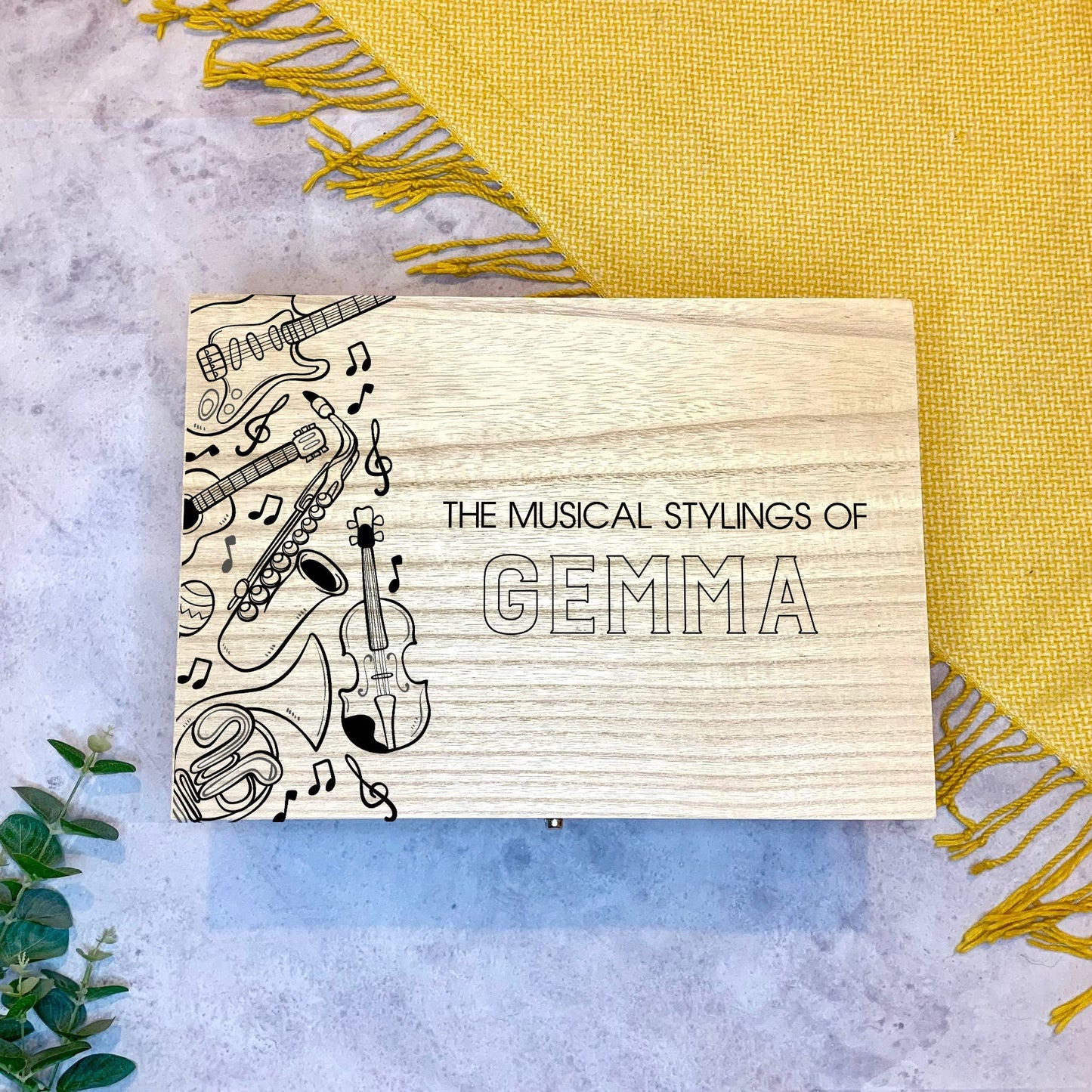 Large Personalised Engraved Wooden Storage Box with Musical Instruments - Resplendent Aurora