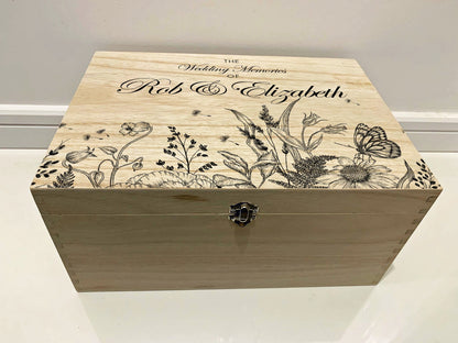 Large Personalised Engraved Wooden Wedding Keepsake Memory Box with Botanical Flowers - Resplendent Aurora