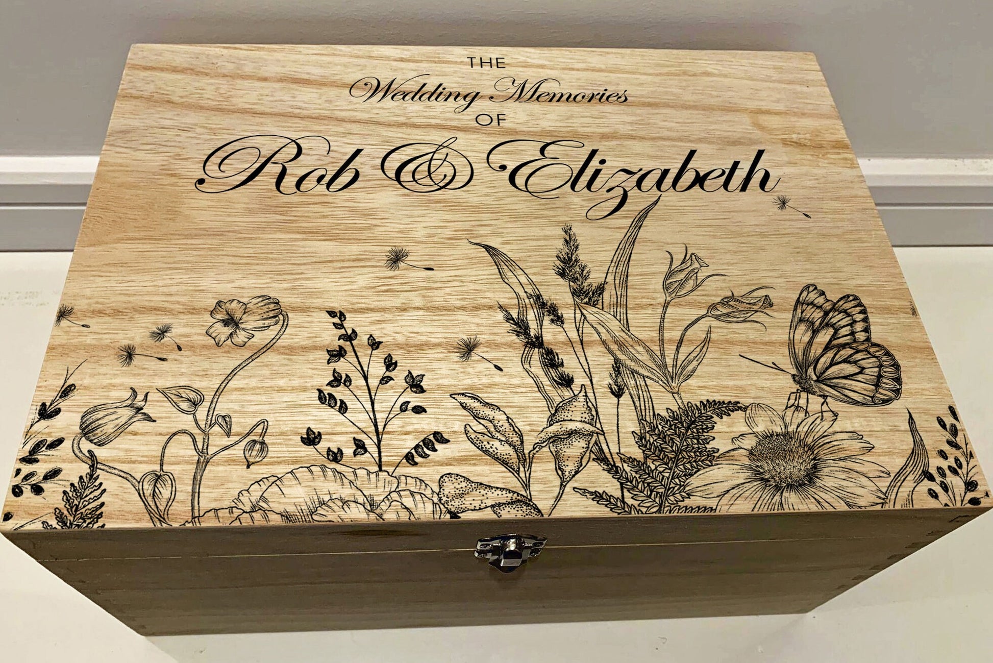 Large Personalised Engraved Wooden Wedding Keepsake Memory Box with Botanical Flowers - Resplendent Aurora