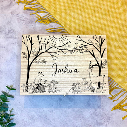 Large Personalised Engraved Wooden Baby Keepsake Memory Box with Woodland and Woodland Animals, Deer, Fox, Rabbit, Squirrel, Owl - Resplendent Aurora