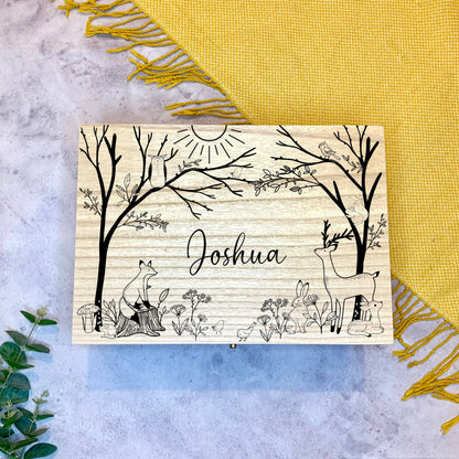 Large Personalised Engraved Wooden Baby Keepsake Memory Box with Woodland and Woodland Animals, Deer, Fox, Rabbit, Squirrel, Owl - Resplendent Aurora