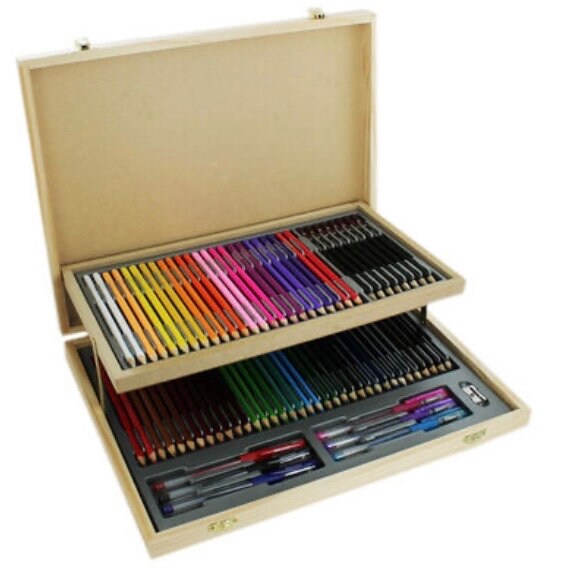 Personalised Engraved Wooden 75 Piece Art Box with Pencil and Ruler Monogram - Resplendent Aurora