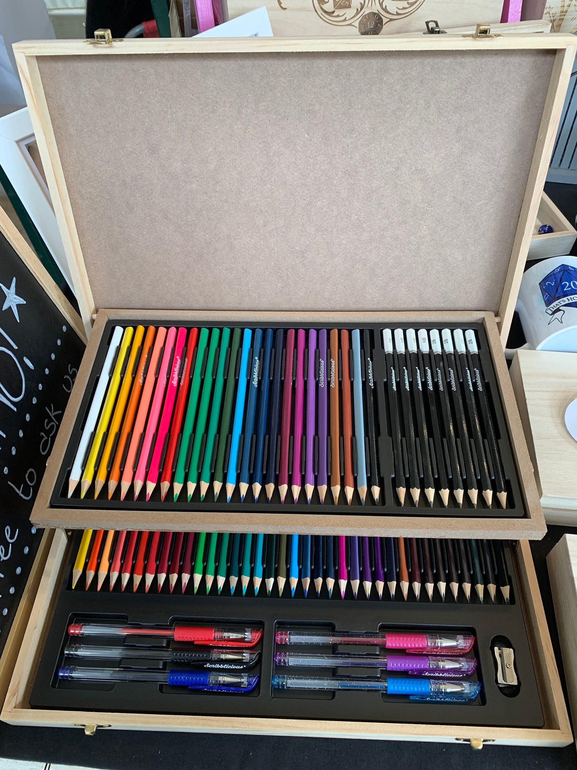 Personalised Engraved Wooden 75 Piece Art Box with Colouring Pencils and Artists Monogram - Resplendent Aurora