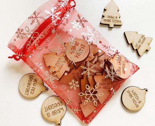 Resplendent Aurora | Personalised Engraved Wooden Christmas Advent Tokens, Chocolate advent alternative, Advent inserts, Engraved tokens, Christmas advent