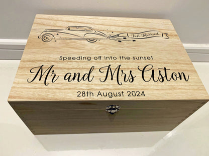 Large Personalised Engraved Wooden Wedding Keepsake Memory Box with Wedding Car, Just Married - Resplendent Aurora