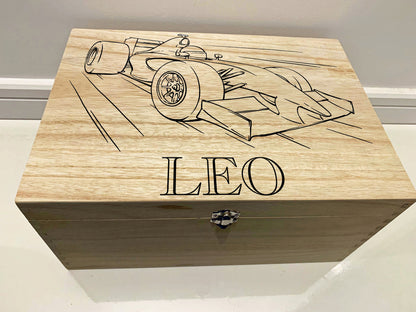 Large Personalised Engraved Wooden Childrens Keepsake Memory Box with Racing Car, Toy Box - Resplendent Aurora