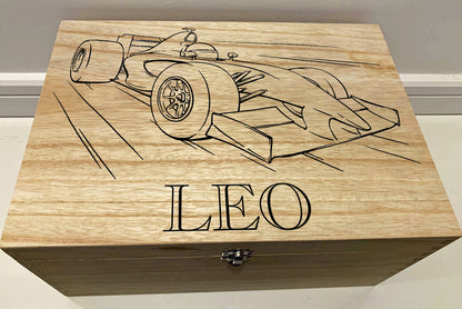 Large Personalised Engraved Wooden Childrens Keepsake Memory Box with Racing Car, Toy Box - Resplendent Aurora