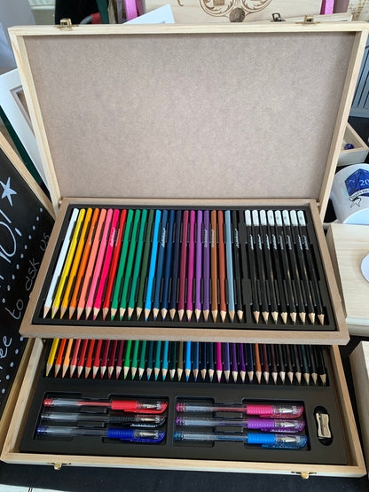 Personalised Engraved Wooden 75 Piece Art Box with Colouring Pencils Monogram - Resplendent Aurora