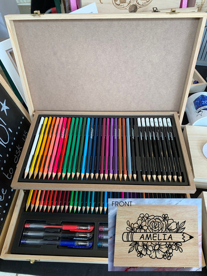 Resplendent Aurora | Personalised Engraved Wooden 75 Piece Art Box with Colouring Pencils and Floral Monogram