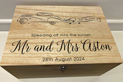 Large Personalised Engraved Wooden Wedding Keepsake Memory Box with Wedding Car, Just Married - Resplendent Aurora