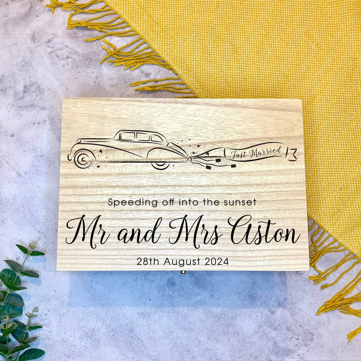 Large Personalised Engraved Wooden Wedding Keepsake Memory Box with Wedding Car, Just Married - Resplendent Aurora