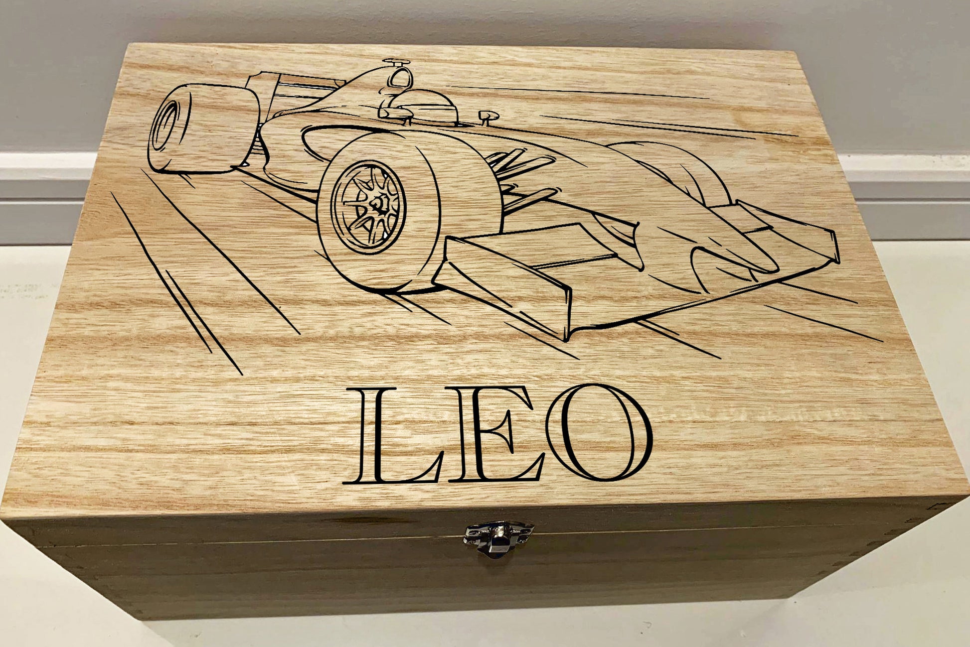 Large Personalised Engraved Wooden Childrens Keepsake Memory Box with Racing Car, Toy Box - Resplendent Aurora