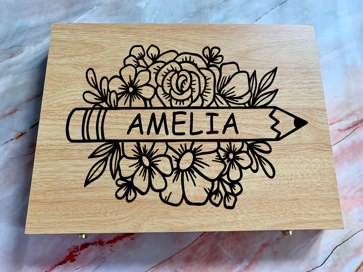 Resplendent Aurora | Personalised Engraved Wooden 75 Piece Art Box with Colouring Pencils and Floral Monogram