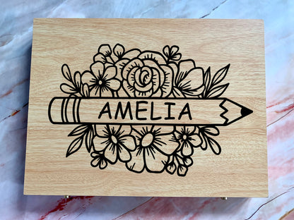 Resplendent Aurora | Personalised Engraved Wooden 75 Piece Art Box with Colouring Pencils and Floral Monogram