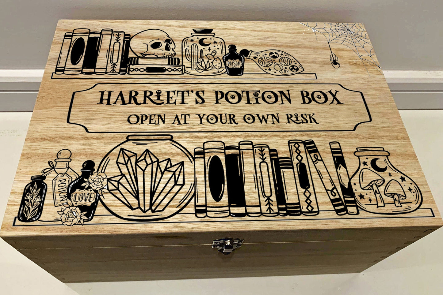 Large Personalised Engraved Wooden Potion Box, Halloween Box, Memory Box, Keepsake Box with Skull, Potions and Books - Resplendent Aurora