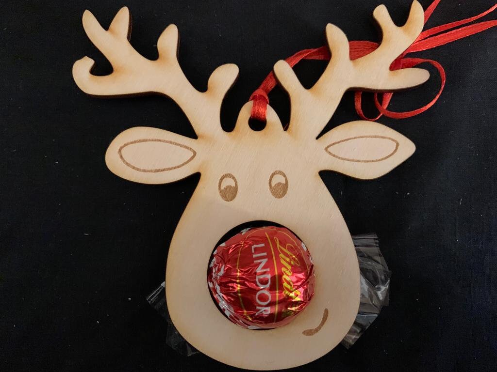 Resplendent Aurora | Engraved Wooden Reindeer Christmas Decorations for Lindt or Ferrer Rocher Chocolates, Chocolate Reindeer decoration