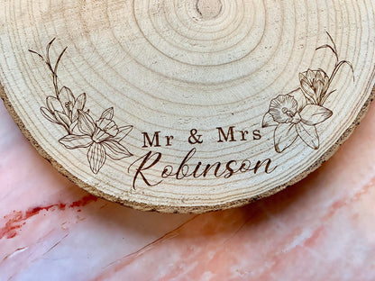 Personalised Engraved Wood Slice, Wedding Cake Display Board with Spring Flowers, Daffodil, Crocus - Resplendent Aurora
